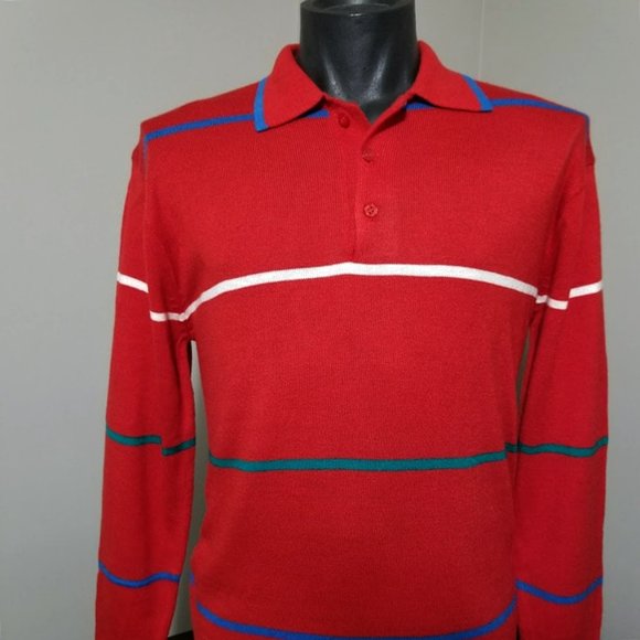 Vintage Emphasis Sweater Knit Polo Shirt Mens Large Red Striped Long Sleeve - Picture 8 of 10